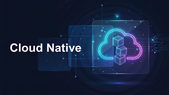 Digital animation showing a glowing neon cloud icon with data blocks, illustrating cloud native computing, data storage, and network infrastructure on a futuristic, dark blue background