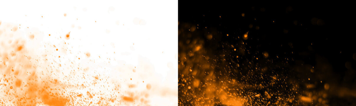 Orange Blowing fire embers and glowing sparks in isolated on overlay PNG illustration, realistic campfire heat particles and flame texture for cinematic video and 