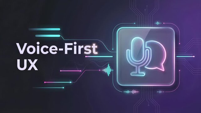 Futuristic animation showing a voice first ux design concept with a glowing microphone icon, soundwaves, and digital connections on a dark background, illustrating user interface technology
