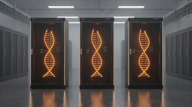 Glowing orange dna double helix rotating inside server racks in a modern data center, a concept representing the future of digital information storage, biotechnology, and genetic research