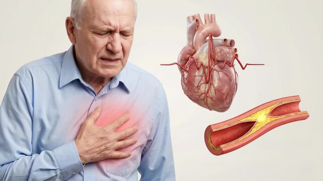 Elderly man experiencing a heart attack with an animation showing coronary artery disease and an irregular heartbeat, illustrating the medical concept of atherosclerosis and cardiovascular problems