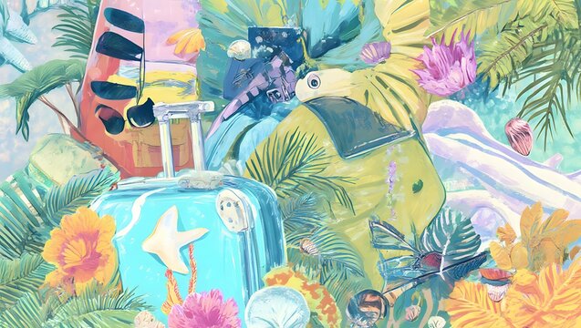 a painting of a suitcase, a passport, a passport case, and other items