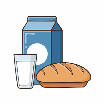 Milk carton, glass of milk, and bread loaf illustration