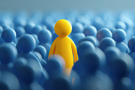 a yellow character standing out from a crowd of many blue characters, a visual metaphor about diversity and inclusion 