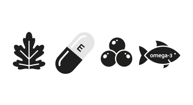 Health Supplements Icons: Leaf, Vitamin E Capsule, Berries, Omega-3 Fish