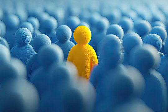 a yellow character standing out from a crowd of many blue characters, a visual metaphor about diversity and inclusion 