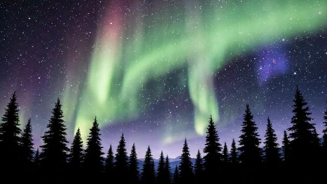 Magical Aurora Borealis Over Pine Forest At Night Sky With Stars