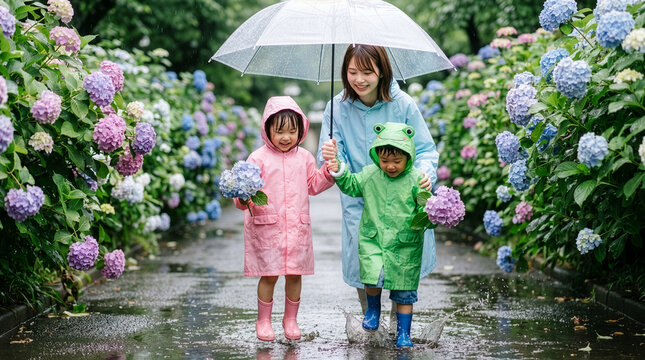 色とりどりの紫陽花ロードを歩くレインコートを着た3人の親子　子供たちは楽しそうに小さな水たまりをジャンプ