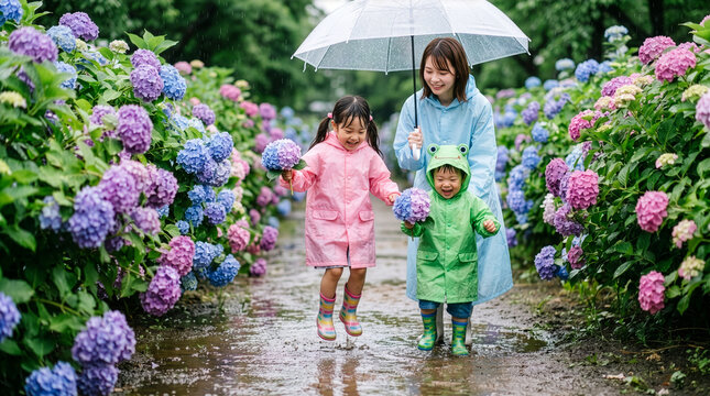 色とりどりの紫陽花ロードを歩くレインコートを着た3人の親子　子供たちは楽しそうに小さな水たまりをジャンプ