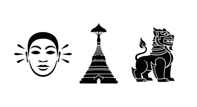 Myanmar Culture Icons: Face, Pagoda, Chinthe Lion - Black Silhouette
