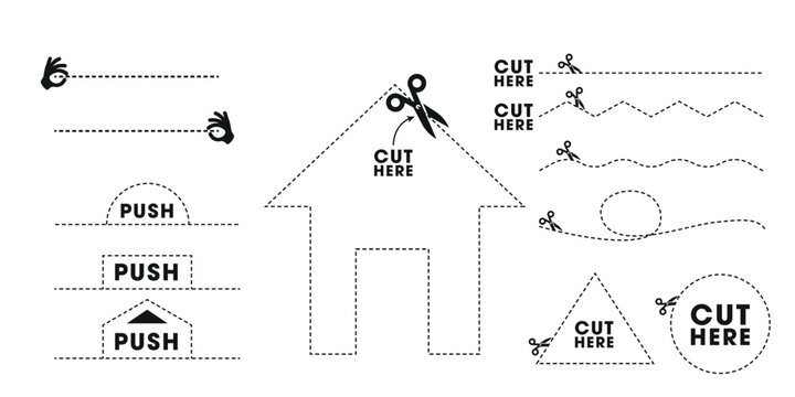 Cut Here and Open Here Signs with Scissors Dotted Line for Coupon Sales Packaging Label, vector illustration