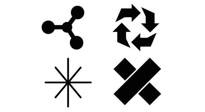 Set of Four Abstract Black Icons: Molecule, Recycle, Starburst, Cross