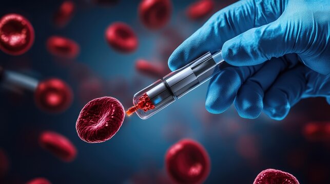 Gloved hand injecting red blood cell; medical research; microscopic view; science background