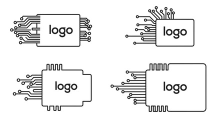 Naklejka premium Set of stylized microchip icons with circuit board lines and logo placeholder