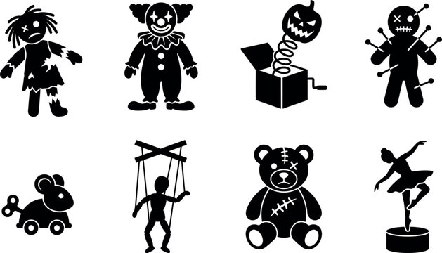 Halloween Toy Silhouettes Rag Doll Clown Jack o lantern and Stuffed Animals