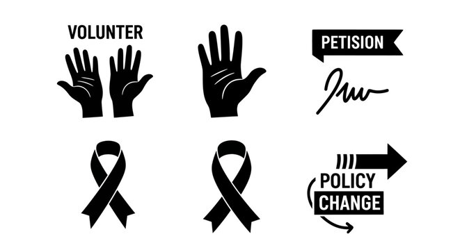 Volunteer Hands, Petition, Ribbon, Policy Change Icons Set
