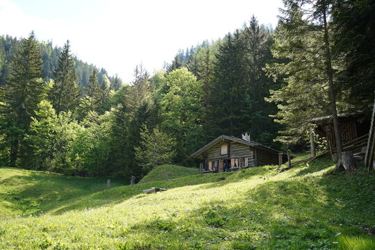 Original alpine hut made of wooden logs in the Tennengebirge mountains in Salzburg (Werfenweng)