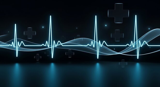 Multiple blue heartbeat ekg lines and abstract data waves on reflective surface with heartbeat abstract technology reflection information futuristic cardiology monitoring connection analysis
