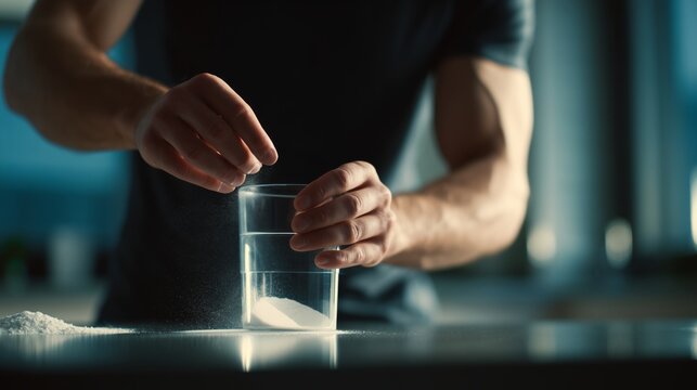 Mixing creatine monohydrate powder in a glass of water for workout