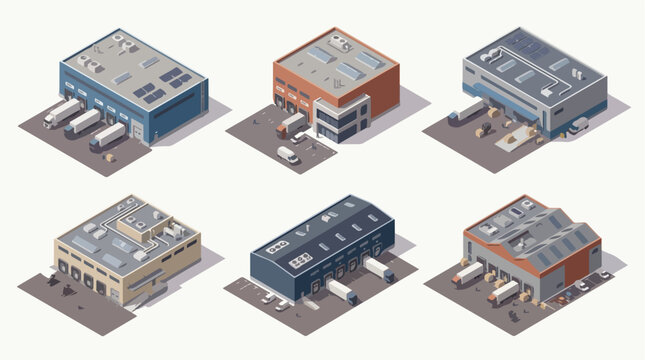 Set of isometric warehouse buildings for logistics and distribution, with loading docks and trucks