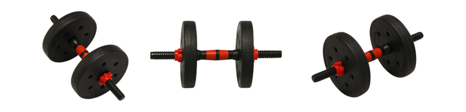 Multiple adjustable barbells with plates and clips on white background, industrial gym aesthetic for serious lifting, versatile setup for strength training, power sessions, and progressive