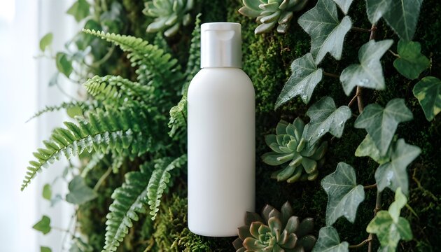 Mockup Botol Kosmetik Putih Minimalis dengan Latar Tanaman Hijau Alami