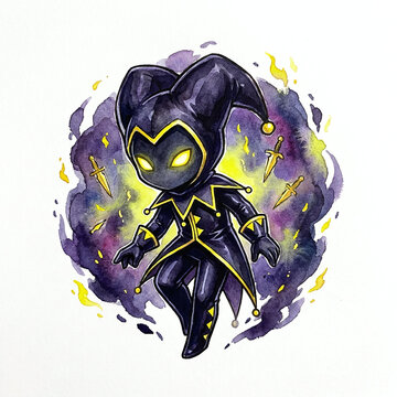 A dark jester with glowing yellow eyes stands in front of a smoky purple background with yellow accents and golden daggers.