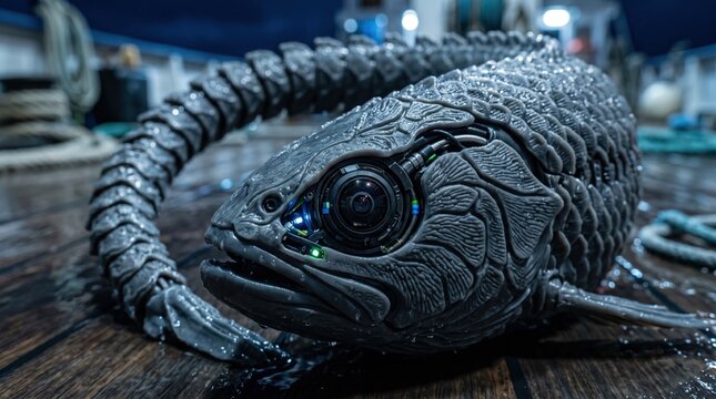 Futuristic robotic fish with a camera eye and articulated scales resting on a wooden deck