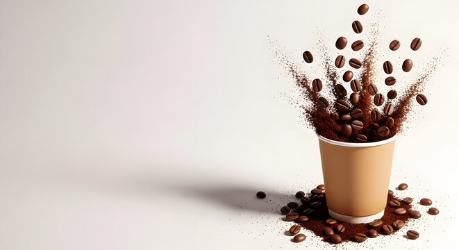 Coffee beans and ground coffee overflowing from a disposable cup