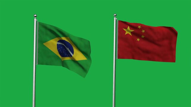 Brazil and China Waving Flags, 3D Illustration.