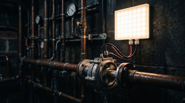 Bright LED work light illuminating complex metal pipes and a heavy duty valve in a dark industrial basement