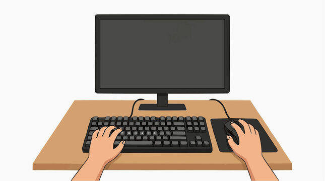 Hands using a computer keyboard and mouse on a wooden desk with a monitor in front.