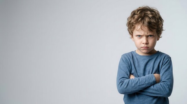 A furious young boy standing with arms crossed and an angry facial expression.