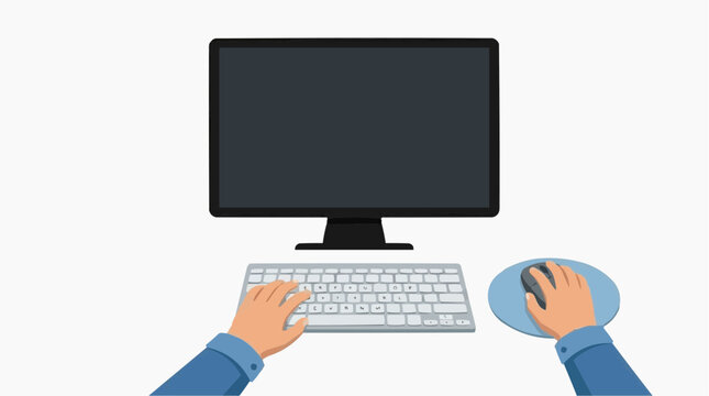 Hands typing on a white keyboard and using a mouse on a blue mousepad.