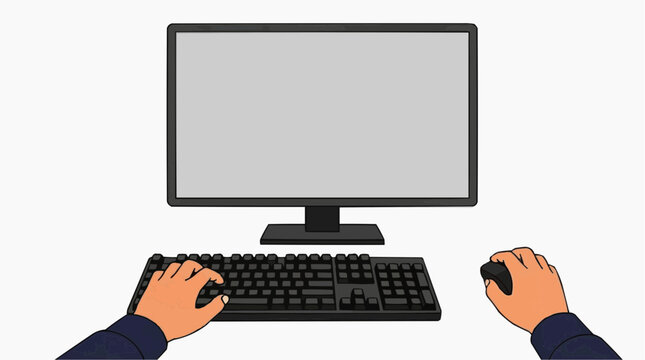 Overhead perspective of hands typing on a keyboard in front of a computer monitor.