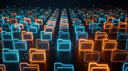 Fototapeta premium Digital data flow through a futuristic network grid of glowing folder nodes for secure storage.