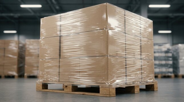 Wrapped carton load on a wooden pallet demonstrating pallet wrapping for protection.