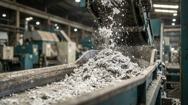 Industrial machinery processes falling fiber and shredded pulp during paper making.