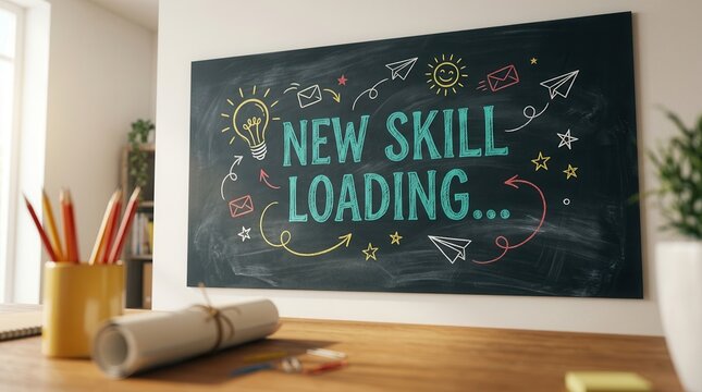 A dark chalkboard featuring new skill loading message and educational sketches.