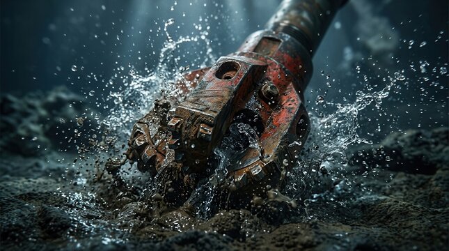 Deep water well drilling operation showing a metal drill bit and splashing water on the seabed.