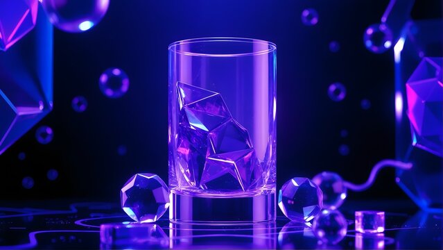 Glass of water with ice cubes glowing under ultraviolet neon light in dark futuristic setting