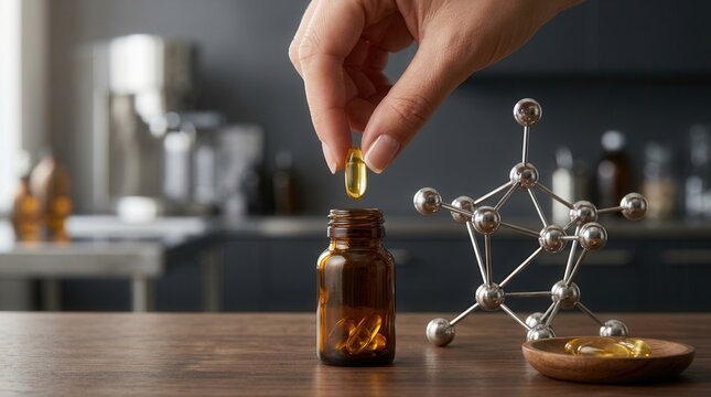Hormone replacement therapy concept showing a hand with a capsule beside an amber bottle and molecular structure.