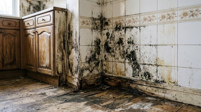 Severe mold growth and dampness on kitchen tiles and floor requiring water remediation.