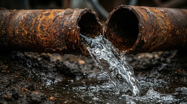 Surface wash and water runoff flowing from a weathered metal pipe into the ground.