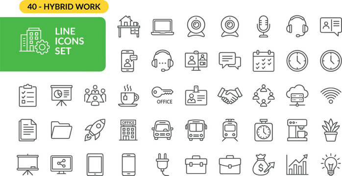 Line art icons set for remote work and hybrid office productivity with digital devices and time management