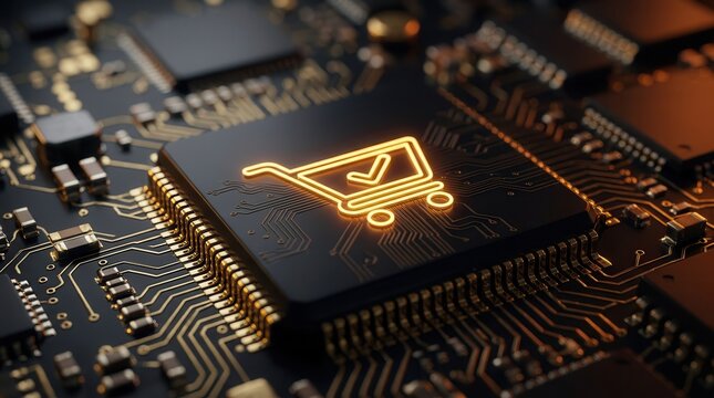 Tech-driven user journey concept featuring a golden shopping cart symbol on a computer processor.