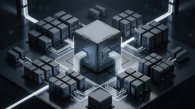 Integrated enterprise resource planning system showing modular data center node with server, storage, and network components.