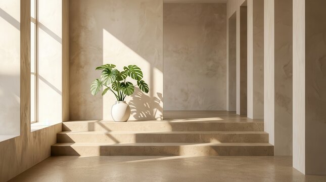 Aesthetic interior design with a potted plant and sunlight shadows for online meeting backgrounds.