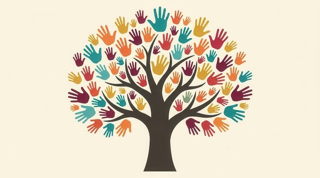 A diverse community tree made of colorful hands representing philanthropy and charity.