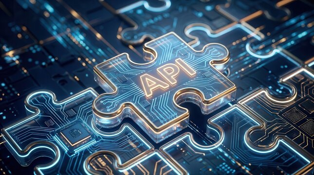 Digital API integration concept showing puzzle pieces connecting in a futuristic technology environment.